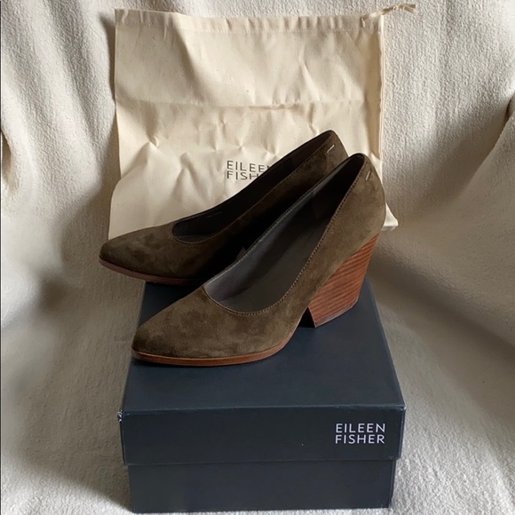 Eileen Fisher Hawk block heel olive suede pump 7 - Picture 1 of 7